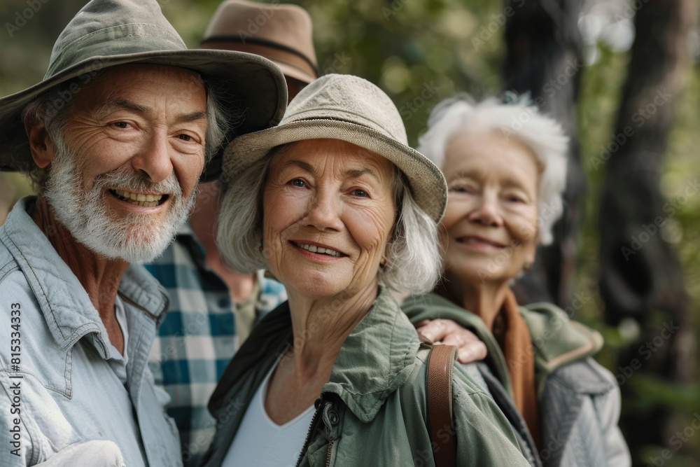 Portrait of smiling senior couple in hats looking at camera in park