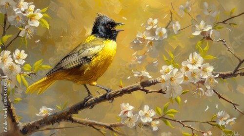 A beautiful bird is singing in the peach blossom.