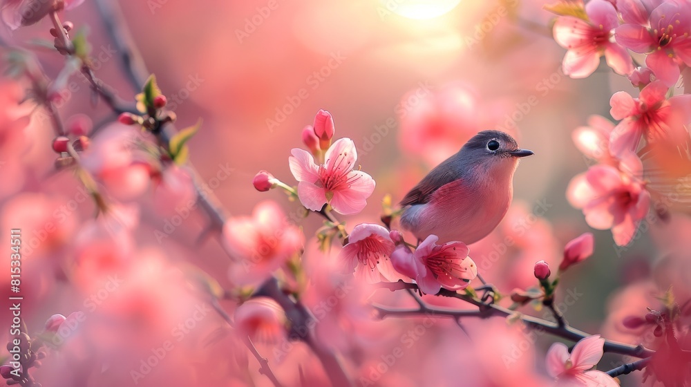 Fototapeta premium Little bird siting on a branch with beautiful pink flowers on it.