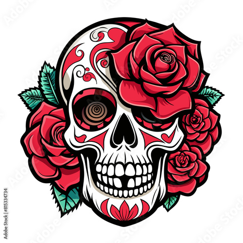 Illustrate a vector composition merging skulls and roses in a traditional tattoo style  incorporating bold lines and rich shading