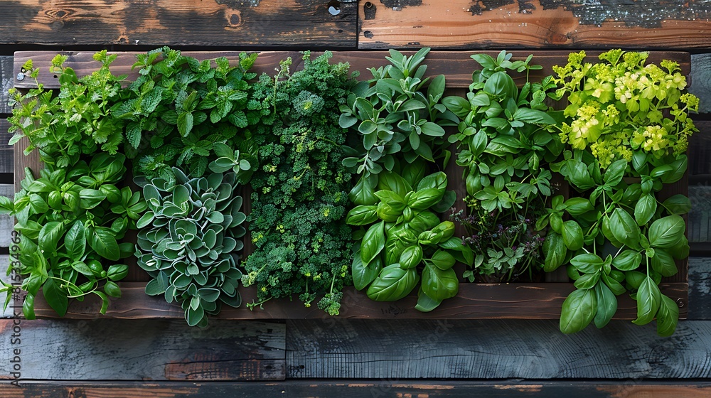 A close-up view of a kitchen's green wall, densely planted with a variety of herbs, showcasing the vibrant textures and colors against a backdrop of reclaimed wood.