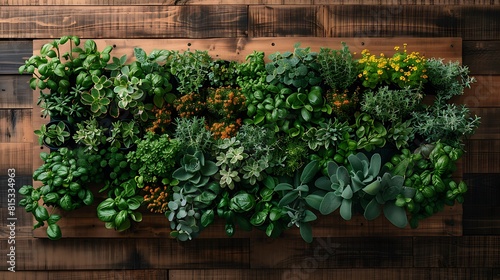 A close-up view of a kitchen's green wall, densely planted with a variety of herbs, showcasing the vibrant textures and colors against a backdrop of reclaimed wood. photo