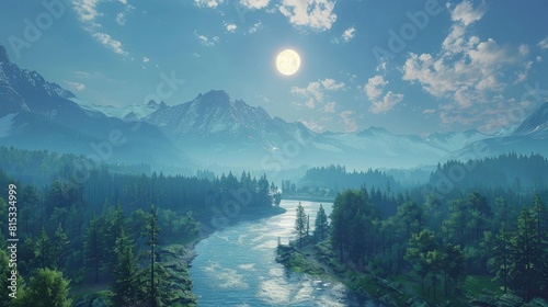Experience a stunning mountainous terrain cradling a winding river during the vibrant summer solstice Picture lush forests lining the shores under a magnificent sky where the sun and moon s photo