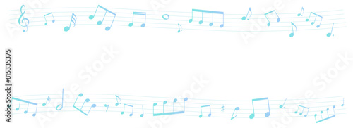 夏をイメージした爽やかな五線譜のフレームイラスト　背景イラスト　音符、休符、音楽記号のイラスト