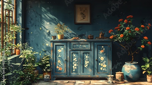 A detailed artistic rendering of a boho kitchen, highlighting a vintage blue cabinet adorned with folk art and surrounded by vibrant green plants. photo