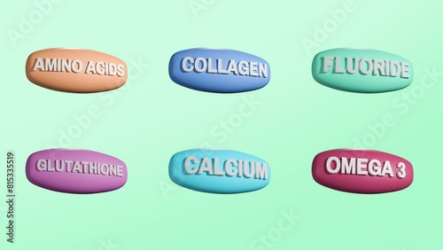Set of Multi Vitamin complex icons. Multivitamin supplement. Amino acids, Collagen, Fluoride, Glutathione, Calcum, Omega 3