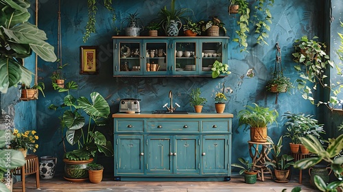 A detailed artistic rendering of a boho kitchen, highlighting a vintage blue cabinet adorned with folk art and surrounded by vibrant green plants. photo