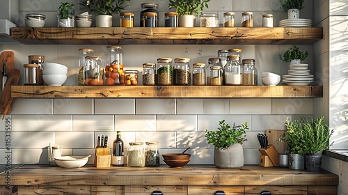 A detailed focus on a vertical storage unit in a tiny kitchen  showcasing a mix of open shelving and hidden compartments  organized with modern kitchenware.