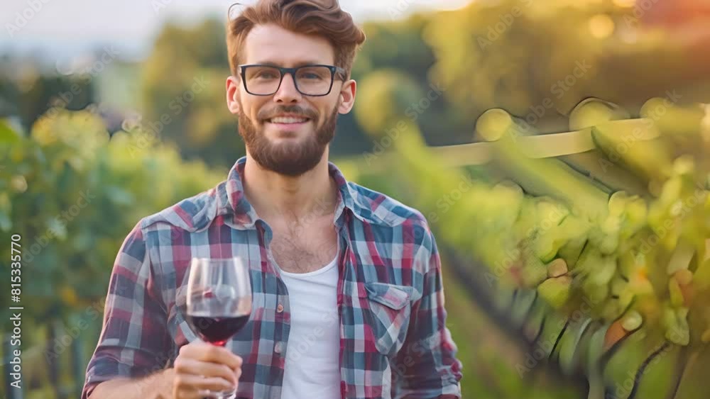 male winemaker in a vineyard, smiling with a glass of wine, vineyard rows behind male winemaker in a vineyard, smiling with a glass of wine, vineyard rows behind