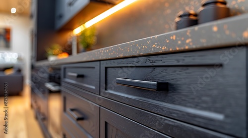 A detailed shot focusing on the sleek handles and knobs of grey cabinetry in a minimalist kitchen, showcasing precision and simplicity.