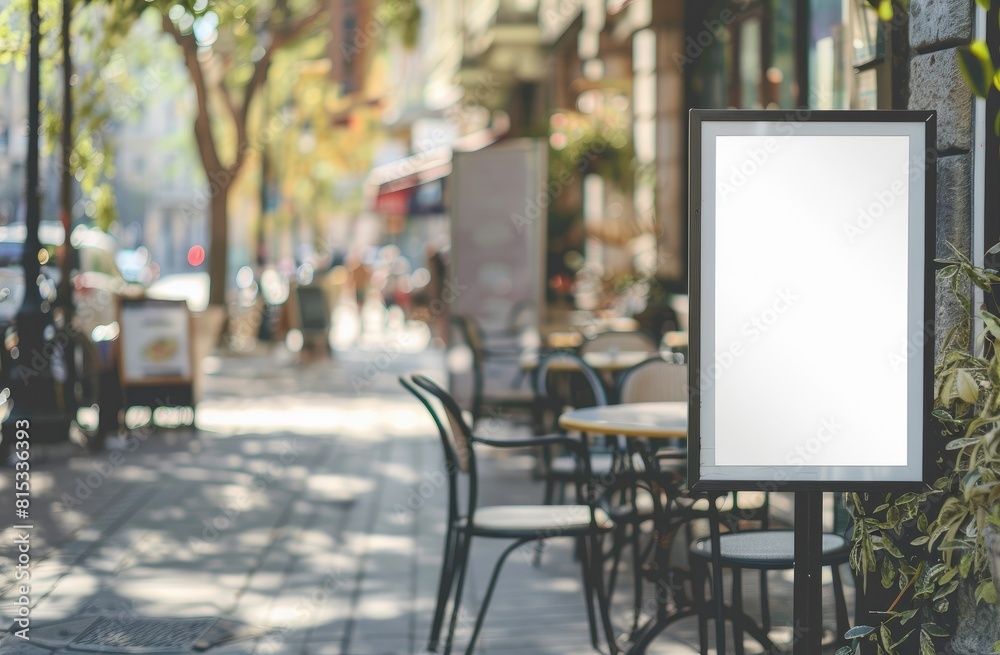 A blank white A2 format poster mockup on the street, standing tall in front of an outdoor cafe. Background blurred A blank white A2 format poster mockup on the street, standing tall in front of an outdoor cafe. Background blurred