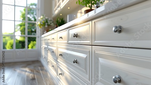 A detailed shot of white kitchen cabinetry with intricate handle designs, bathed in the soft light from a nearby large window. photo