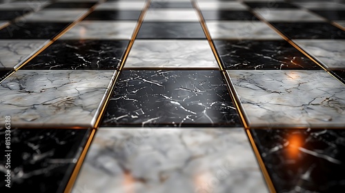 A detailed view focusing on the elegant floor design of an Art Deco kitchen, with black and white marble tiles arranged in geometric patterns. photo