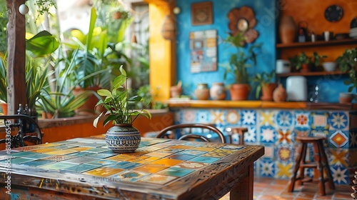A detailed view of a boho kitchen corner with vintage furniture  colorful ceramic tiles  and hand-woven wall hangings  creating a warm  inviting space.
