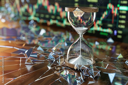 Hourglass on broken glass with stock market data in the background