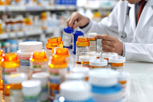 Pharmacist dispensing medication, measuring precise doses of essential chemical compounds.