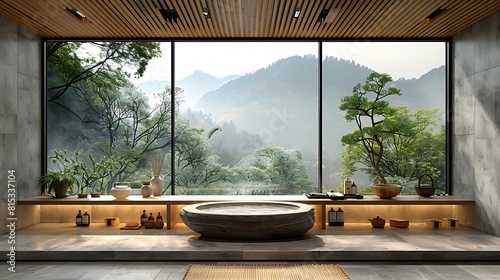 A focus on the simplicity and elegance of a Japanese kitchen sink area with wooden accents and a stone basin under a window with a view of nature.