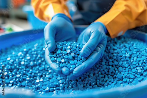 Worker inspecting plastic pellets in factory, quality control in manufacturing process.