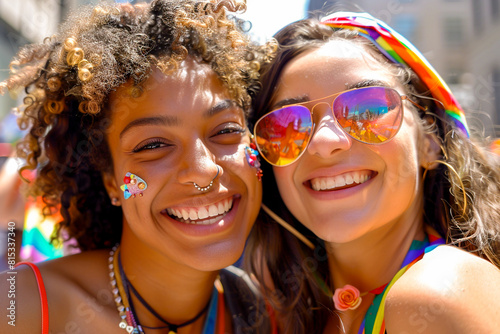 Happiness moments of friendship concept. Selfie portraits of happy LGBTQ+ lesbian couple smiling face, meet at pride month celebration parade. Two young beautiful woman, girlfriend smile together.
