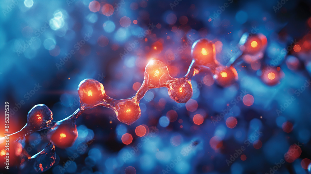 3D render of glowing red and blue atom structure with blue background 3D render of glowing red and blue atom structure with blue background