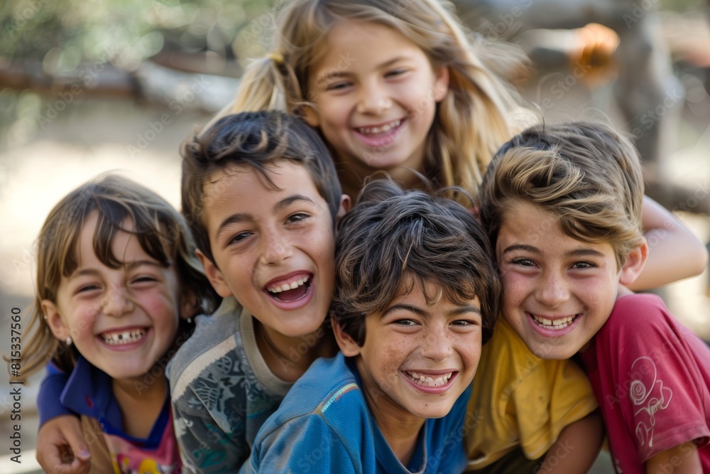 Group of children smiling and looking at camera on a sunny day.