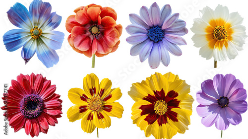 Spring Blossom Collection  Vibrant Colorful Flowers Isolated on Transparent Background - Top View PNG Digital Art 3D