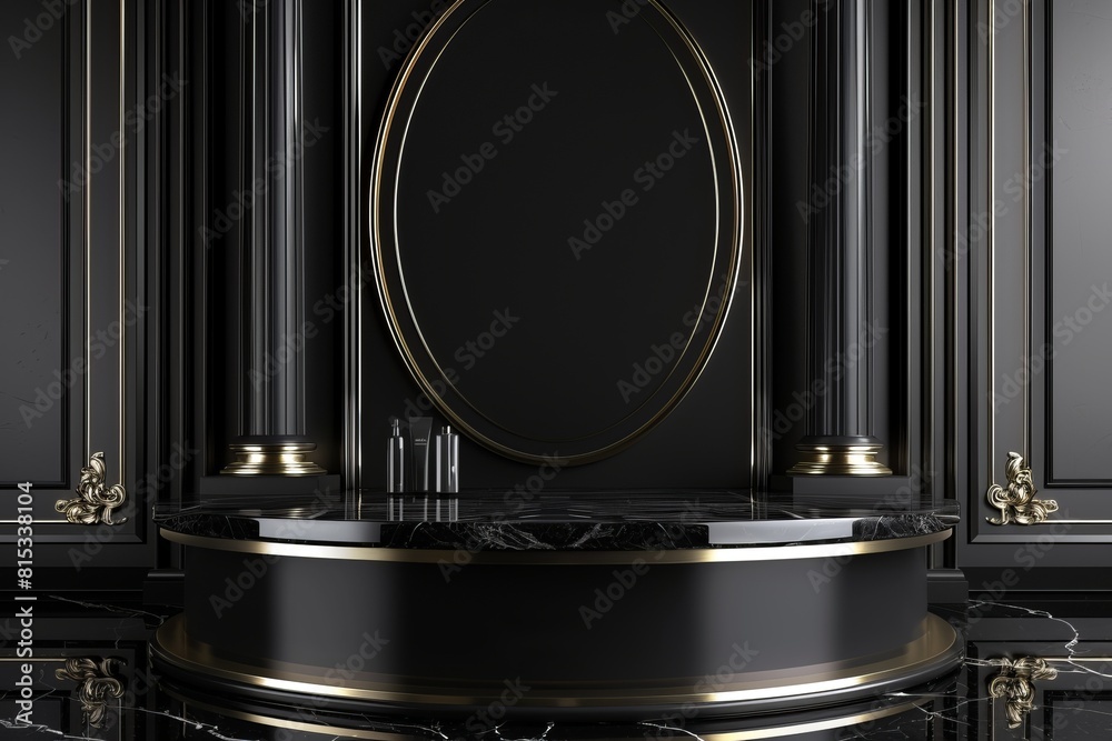 A lavish luxury black showcase product podium adorned with ornate metallic accents, super realistic A lavish luxury black showcase product podium adorned with ornate metallic accents, super realistic