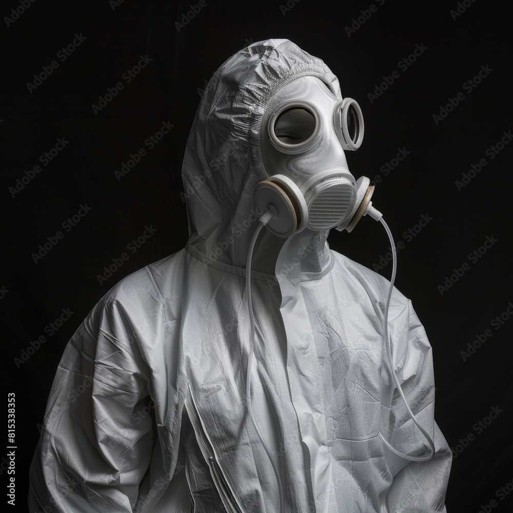 A ghostly figure in a chemical mask against a black backdrop A ghostly figure in a chemical mask against a black backdrop