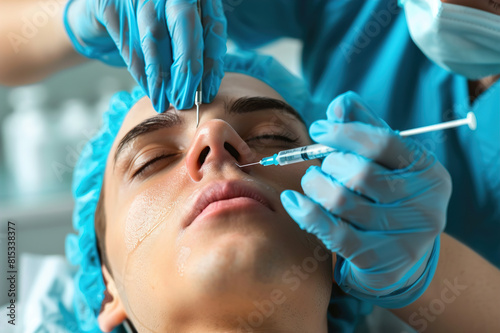 Surgeon injecting filler  rejuvenating patient s skin for youthful appearance  medical setting.