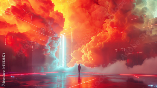 Person Standing on Futuristic Platform Overlooking Stormy Cyber Clouds