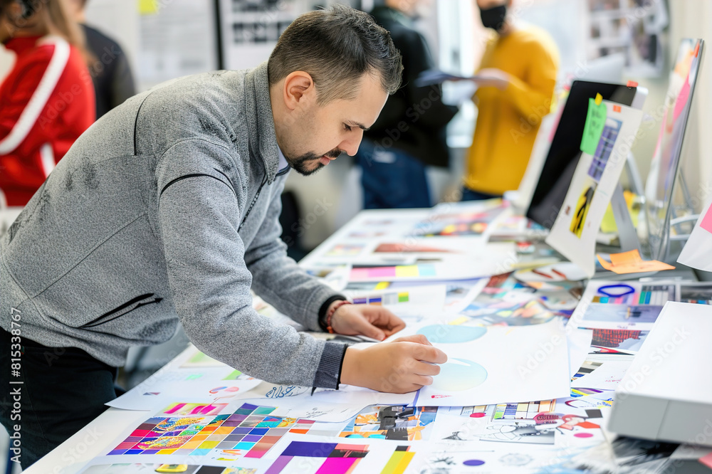 Graphic designer lays out magazine pages, arranging vibrant images and headlines. Graphic designer lays out magazine pages, arranging vibrant images and headlines.