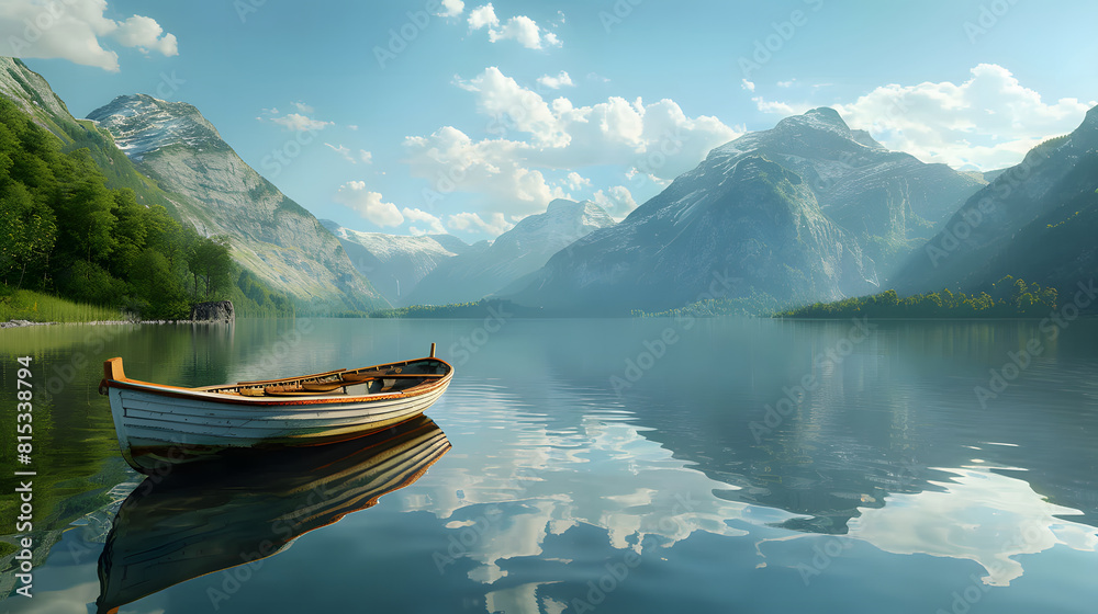 A small boat is floating on a lake in front of a mountain range A small boat is floating on a lake in front of a mountain range