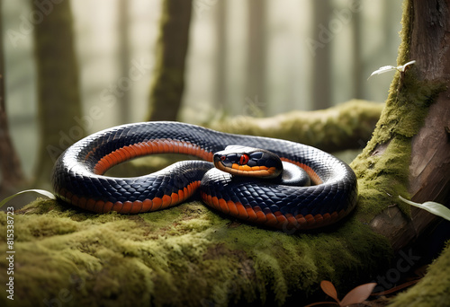 3D render of a striking red-bellied black snake curled up on a mossy tree limb in a vibrant