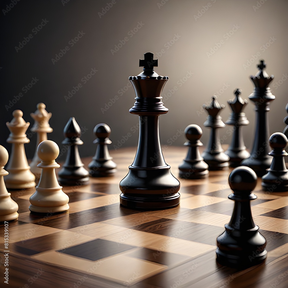 Chess king with a crown and chess pieces on a chessboard
Chess king with a crown and chess pieces on a chessboard