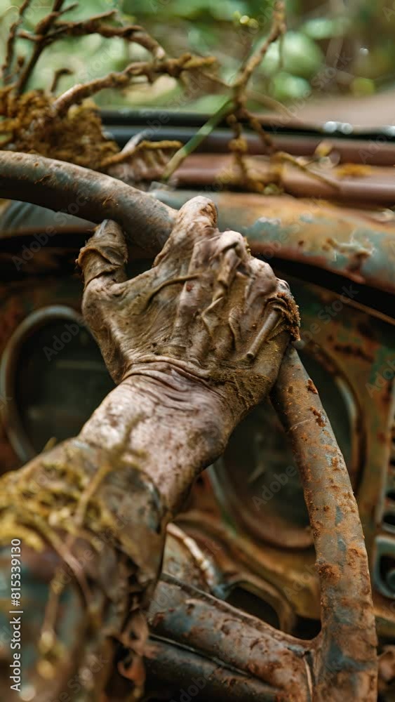 Zombie hand tightly gripping a rusty, weathered steering wheel in an overgrown, abandoned car.. Vertical video