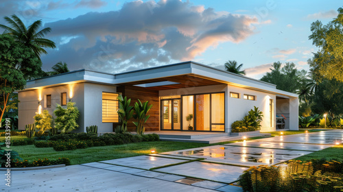 Modern small bungalow house with garden in front  nice landscaping  evening lighting  architectural rendering of the front view.