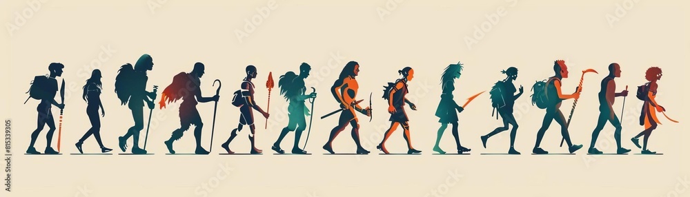 Genetic studies in anthropology flat design side view human evolution theme cartoon drawing Monochromatic Color Scheme