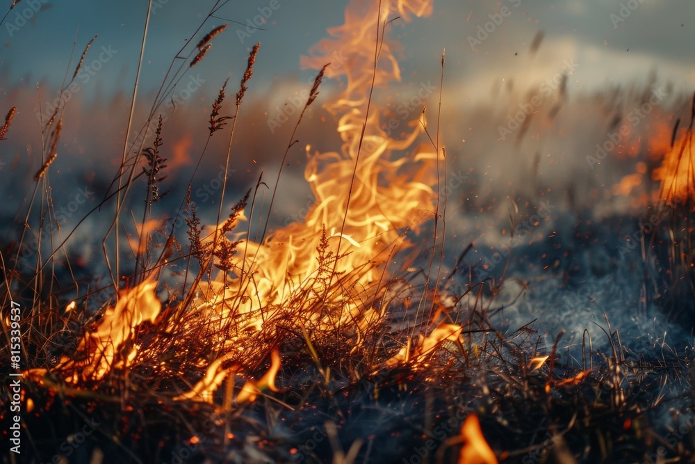 A field of dry grass is on fire, with flames shooting up into the sky A field of dry grass is on fire, with flames shooting up into the sky