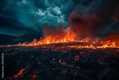 A large field of fire with smoke in the sky