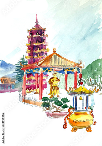 Ten Thousand Buddhas Monastery in hong kong, watercolor travel sketch