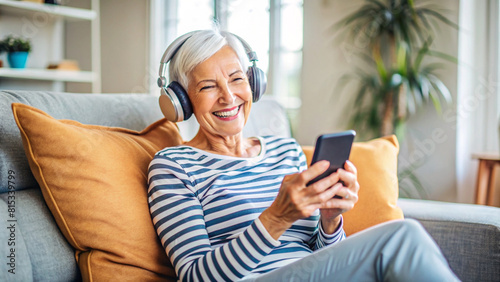 happy relaxed senior lady enjoying music