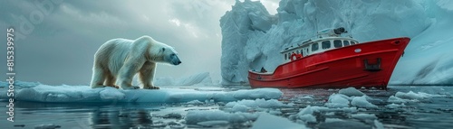 An epic photo of a polar bear standing on an ice floe next to a red boat with a large glacier in the background. photo