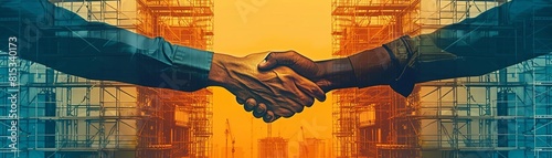 Shaking hands on a construction site flat design top view project kickoff theme animation Splitcomplementary color scheme