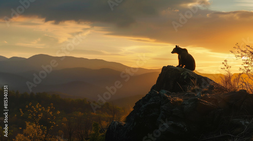 Bear Silhouette on Rocky Peak at Sunset