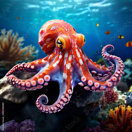 Hyper-realistic octopus. Vibrant colors on a stunning coral reef. Cinematic detail 