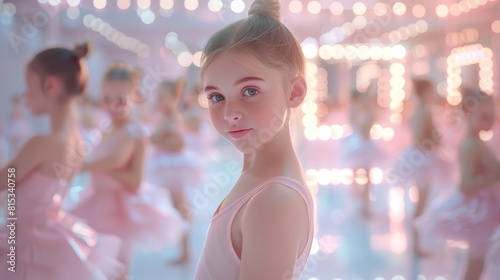 Little ballerina standing on the stage and looking at the camera.