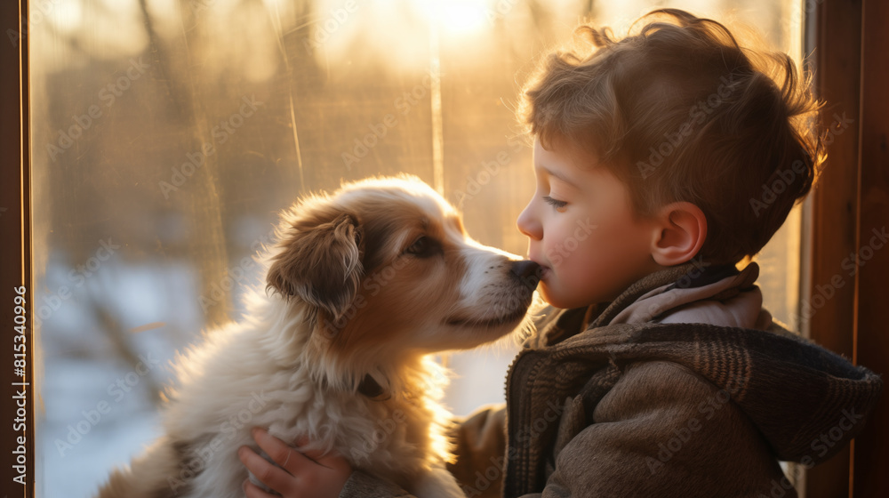 A boy kisses the dog on the window. A boy kisses the dog on the window.