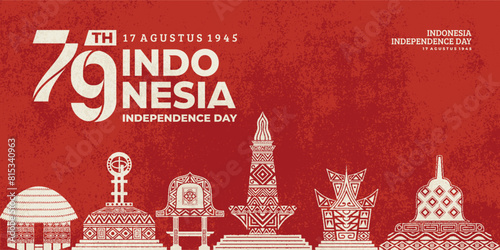 Poster celebrating Indonesia's independence on August 17 with illustrations of the Borobudur temple, national monument, Rumah Gadang, Equator Monument, Haanoi house, Bale Lumbung.