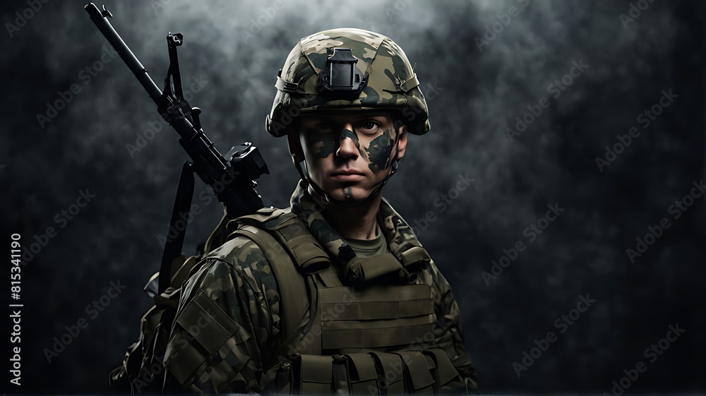 Front view of soldier wearing camouflage equipment and fighting during war, Memorial Day concept Front view of soldier wearing camouflage equipment and fighting during war, Memorial Day concept