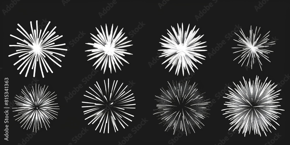 Eight White Fireworks Shapes on Black Background Eight White Fireworks Shapes on Black Background
